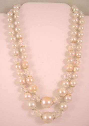 Vintage AB Austrian Crystals and Faux Pearl Necklace - Japan